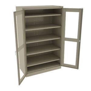 A tall, light khaki metal storage cabinet with two open doors, revealing five adjustable shelves inside. The cabinet is empty and has a simple, functional design.