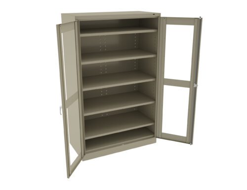 f2qs9wvy97krl2qlbtb2.jpg A tall, light khaki metal storage cabinet with two open doors, revealing five adjustable shelves inside. The cabinet is empty and has a simple, functional design.