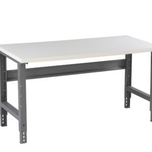 Metal workbench with a light gray rectangular tabletop and sturdy dark gray legs. The legs are adjustable, featuring slotted holes for height modifications. The design is simple and functional, suitable for industrial or workshop settings.