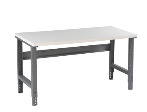 f2usdrxrpkwlcy6189sg.jpg Metal workbench with a light gray rectangular tabletop and sturdy dark gray legs. The legs are adjustable, featuring slotted holes for height modifications. The design is simple and functional, suitable for industrial or workshop settings.