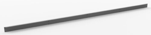 A long, thin, rectangular gray metal bar is placed diagonally on a white background. The bar has small holes evenly spaced along its length.
