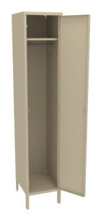 Beige metal locker with one open door showing an empty interior. Inside is a hanging rod near the top and a hook on the side wall. The locker stands on four short legs.