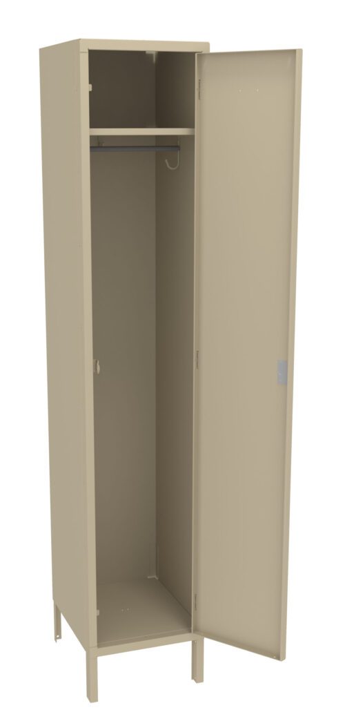 Beige metal locker with one open door showing an empty interior. Inside is a hanging rod near the top and a hook on the side wall. The locker stands on four short legs.