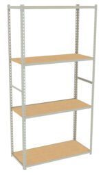 A metal shelving unit with four wooden shelves and a light gray frame. The shelves are evenly spaced, and the unit is freestanding. The structure has a simple, industrial design, suitable for storage or organizing items.