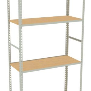 A metal shelving unit with four wooden shelves and a light gray frame. The shelves are evenly spaced, and the unit is freestanding. The structure has a simple, industrial design, suitable for storage or organizing items.