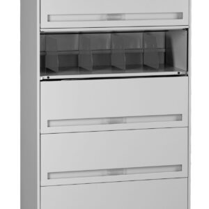 A tall, white metal filing cabinet with eight drawers. The top drawer is locked, and the fourth drawer is partly open, revealing some plastic dividers inside. Each drawer has a sleek metal handle.