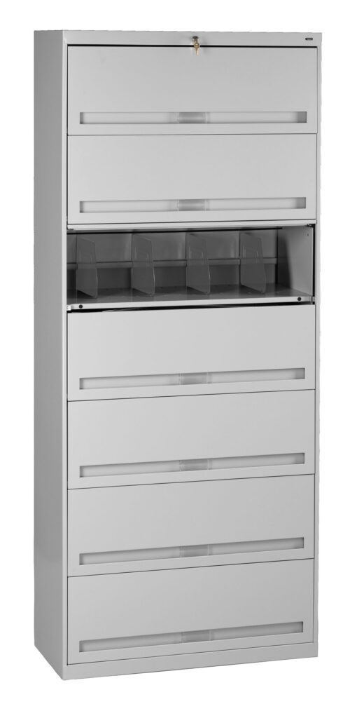 A tall, white metal filing cabinet with eight drawers. The top drawer is locked, and the fourth drawer is partly open, revealing some plastic dividers inside. Each drawer has a sleek metal handle.