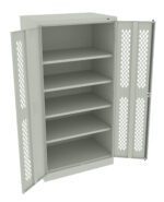 A metal storage cabinet with open doors, displaying five adjustable shelves. The doors feature a lattice design for ventilation and have a lock mechanism on the right side. The cabinet has a light gray finish.