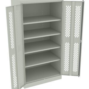 A metal storage cabinet with open doors, displaying five adjustable shelves. The doors feature a lattice design for ventilation and have a lock mechanism on the right side. The cabinet has a light gray finish.