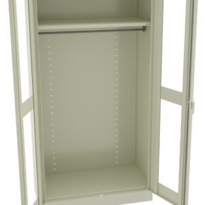 A beige metal storage cabinet with two open doors, revealing one shelf inside. The interior sides have multiple evenly spaced adjustment holes for shelving. The cabinet appears empty and stands on a flat surface.