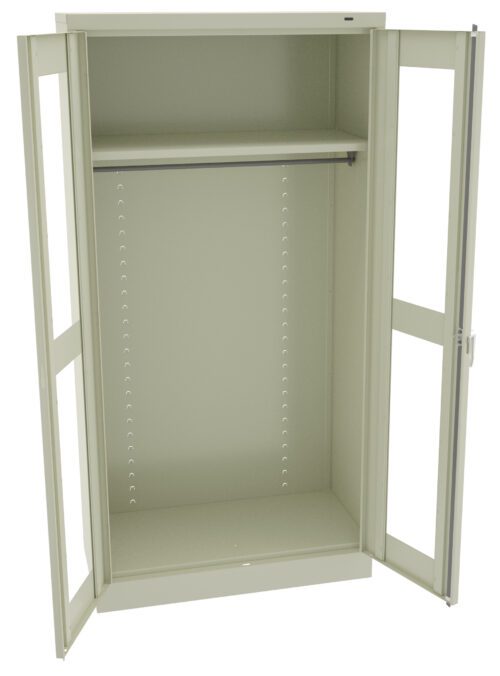 A beige metal storage cabinet with two open doors, revealing one shelf inside. The interior sides have multiple evenly spaced adjustment holes for shelving. The cabinet appears empty and stands on a flat surface.