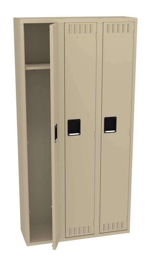 A beige double-door metal locker with one door open, revealing an empty interior and one shelf. Both doors have black handles and ventilation slits near the top and bottom. The locker stands against a plain background.