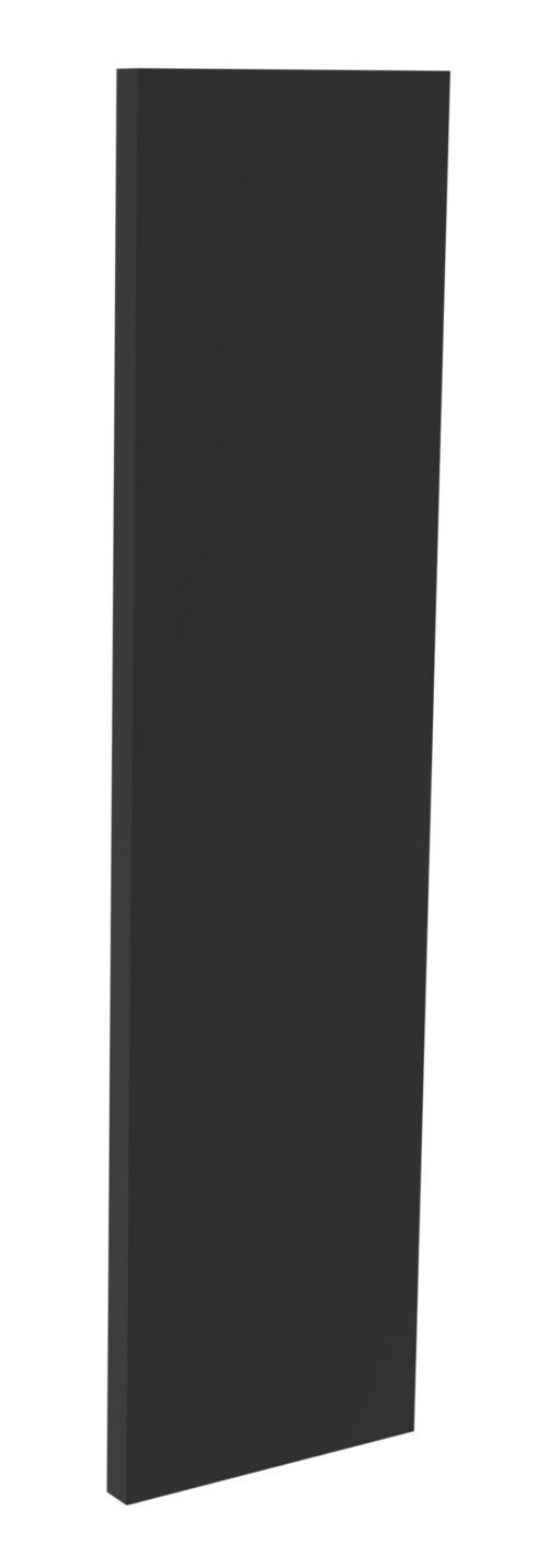 A large, vertical black monolith stands against a white background, with a slight shadow to the left. The surface appears smooth and flat, giving a minimalist and modern appearance.