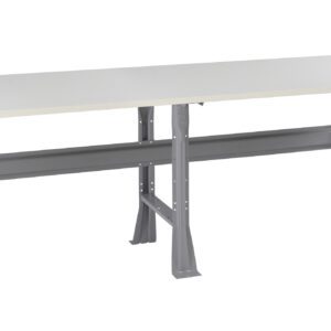 A long, rectangular workbench with a white tabletop and sturdy grey metal legs. The bench has a solid frame with horizontal support beams, suitable for industrial or workshop use. The design is minimalist and functional.