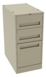A beige metal filing cabinet with three drawers. The top two drawers are small, and the bottom drawer is larger. The cabinet has integrated handles and a lock on the top drawer. The cabinet is shown on a white background.