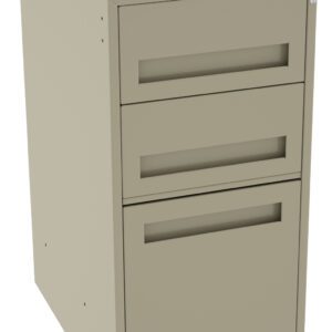 A beige metal filing cabinet with three drawers. The top two drawers are small, and the bottom drawer is larger. The cabinet has integrated handles and a lock on the top drawer. The cabinet is shown on a white background.