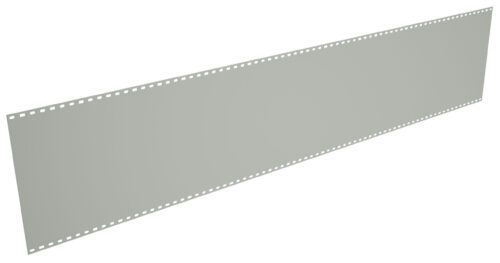 A blank, elongated strip of gray film with evenly spaced perforations along the top and bottom edges, set against a white background.