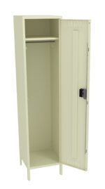 A light beige metal locker stands open. It has a single door with a small lock and ventilation slits. Inside, there is a shelf at the top and a hanging rod. The locker is empty and placed against a white background.