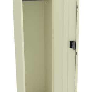 A light beige metal locker stands open. It has a single door with a small lock and ventilation slits. Inside, there is a shelf at the top and a hanging rod. The locker is empty and placed against a white background.