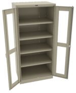 A beige metal storage cabinet with two glass doors, featuring five adjustable shelves. The cabinet is open, showcasing its empty interior, and is designed for organizing and storing items.