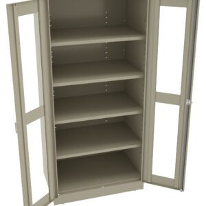 A beige metal storage cabinet with two glass doors, featuring five adjustable shelves. The cabinet is open, showcasing its empty interior, and is designed for organizing and storing items.