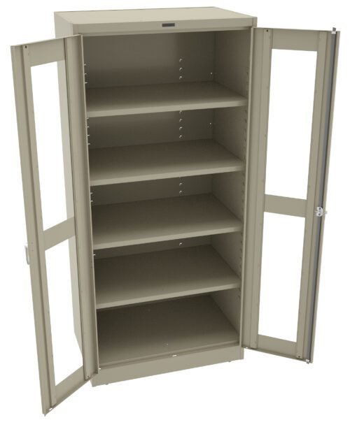 f8jldqup2jcun5z8gosn.jpg A beige metal storage cabinet with two glass doors, featuring five adjustable shelves. The cabinet is open, showcasing its empty interior, and is designed for organizing and storing items.
