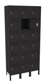 A tall, black metal locker unit with 18 compartments, arranged in a 3x6 grid. One compartment door is open, revealing an empty space inside. The locker stands on four legs and features small ventilation slots on each door.
