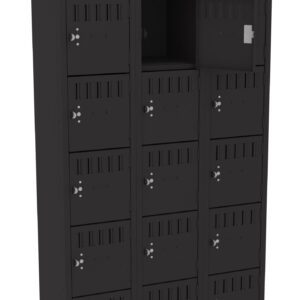 A tall, black metal locker unit with 18 compartments, arranged in a 3x6 grid. One compartment door is open, revealing an empty space inside. The locker stands on four legs and features small ventilation slots on each door.