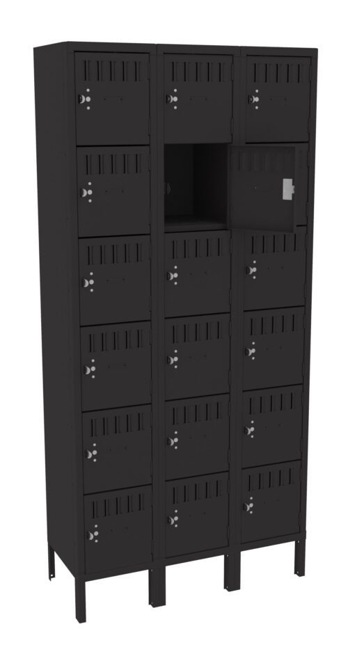f8nazxk7nvvbmeiafytg.jpg A tall, black metal locker unit with 18 compartments, arranged in a 3x6 grid. One compartment door is open, revealing an empty space inside. The locker stands on four legs and features small ventilation slots on each door.