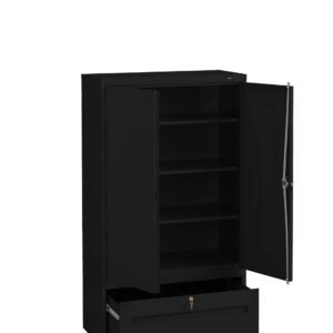 Black metal storage cabinet with two open doors and a drawer. Inside are three shelves, providing ample space for storage. The drawer and cabinet doors each have a lock mechanism. The background is plain white.