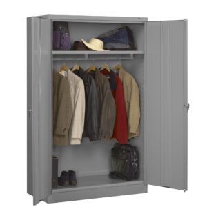 A gray metal wardrobe with open doors displaying several jackets and a hat on hangers. Below are boots and a green bag.