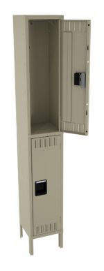 A beige metal locker standing upright with its upper door open, revealing an empty compartment inside. The lower door is closed. The locker has ventilation slits on both doors and a rectangular handle on each door.