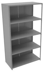 A tall, empty gray metal shelving unit with five adjustable shelves. The unit has a solid back and perforated side panels for shelf adjustments. It stands upright on a flat surface, ready to store various items.