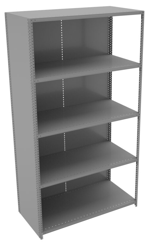 A tall, empty gray metal shelving unit with five adjustable shelves. The unit has a solid back and perforated side panels for shelf adjustments. It stands upright on a flat surface, ready to store various items.