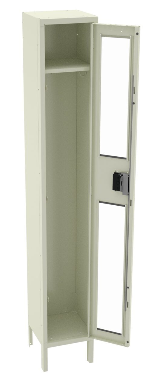 f9vsbm0qdxprw7r3t6yb.jpg A tall, open metal cabinet with a light cream color. It has a single shelf inside and a door with two rectangular glass panels and a black handle. The cabinet stands on four legs.