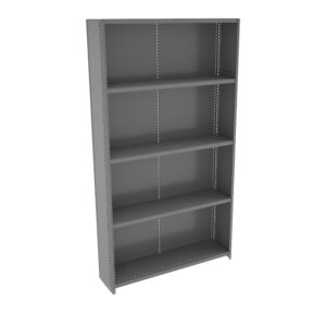 A tall, gray metal shelving unit with four shelves and perforated sides, standing upright against a white background. The shelves are evenly spaced and the unit has a simple, industrial design.