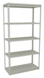 A tall, light gray metal shelving unit with five adjustable shelves. The shelves are supported by a sturdy frame with perforated sides for adjustable positioning. The design is simple and industrial, suitable for storage or display purposes.