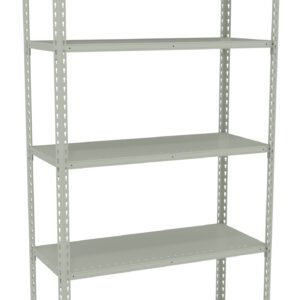 A tall, light gray metal shelving unit with five adjustable shelves. The shelves are supported by a sturdy frame with perforated sides for adjustable positioning. The design is simple and industrial, suitable for storage or display purposes.
