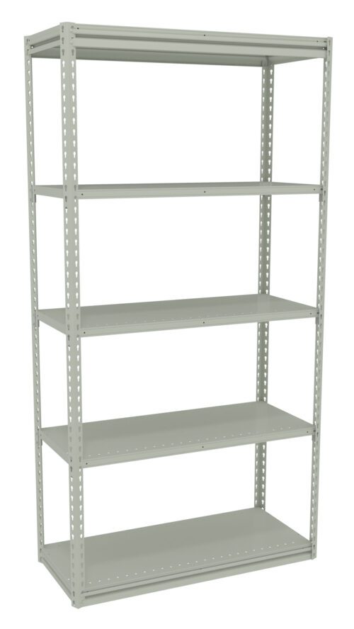 fa4tqlxulne0heviih0p.jpg A tall, light gray metal shelving unit with five adjustable shelves. The shelves are supported by a sturdy frame with perforated sides for adjustable positioning. The design is simple and industrial, suitable for storage or display purposes.