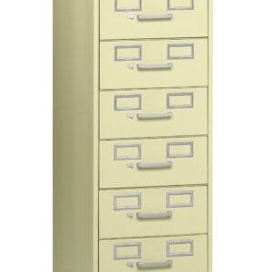 A beige seven-drawer filing cabinet with silver handles and label holders. The cabinet is standing upright and has a lock mechanism near the top.