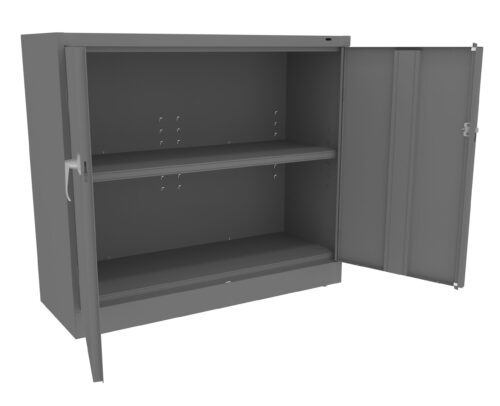 Gray metal storage cabinet with two open doors revealing an empty interior. It has one internal shelf and side handles. The exterior is plain and minimalist, with a smooth finish.