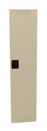 Tall, narrow beige storage cabinet with a black rectangular handle and vented sections at the top and bottom. It has a plain design.