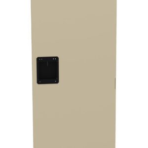 Tall, narrow beige storage cabinet with a black rectangular handle and vented sections at the top and bottom. It has a plain design.
