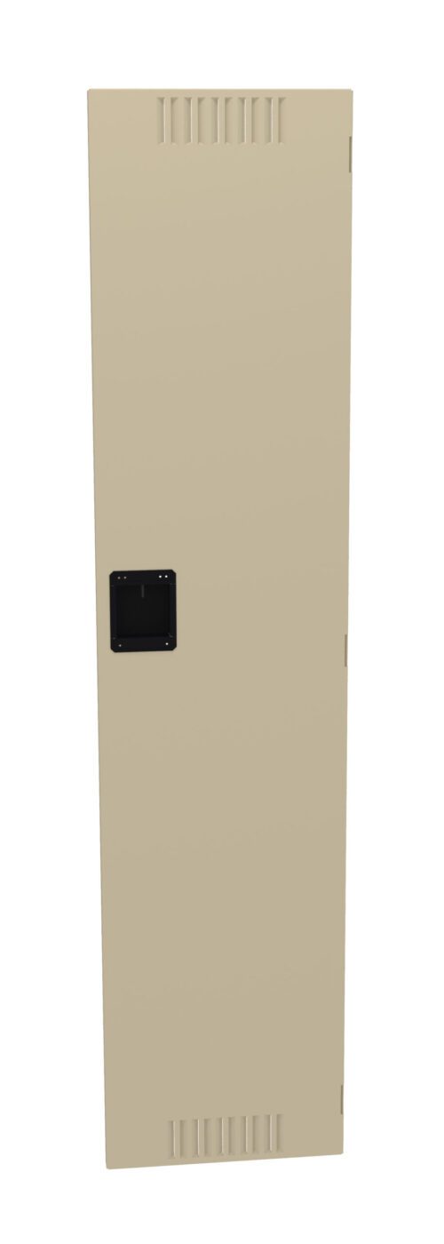 Tall, narrow beige storage cabinet with a black rectangular handle and vented sections at the top and bottom. It has a plain design.