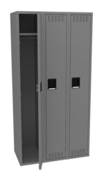 A gray metal locker with two compartments is shown. The left door is open, revealing an empty interior with a hanging rod. The right door is closed. Both doors have rectangular handles and vent slits at the top and bottom.