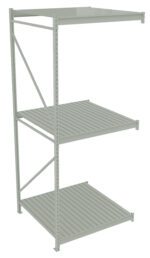 A three-tiered, light gray metal shelving unit with grated shelves and a support beam for stability. The minimalist design is suitable for storage or industrial use, with adjustable shelf heights.