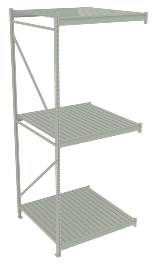 A three-tiered, light gray metal shelving unit with grated shelves and a support beam for stability. The minimalist design is suitable for storage or industrial use, with adjustable shelf heights.