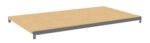 A rectangular wooden shelf with a light brown surface is supported by a dark gray metal frame. It is designed to be used as part of a shelving unit. The shelf is shown from a slightly elevated angle.