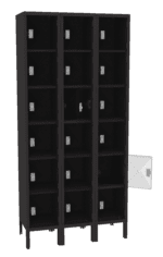 Image of a tall, black locker unit with three columns, each containing multiple square compartments. Most compartments are closed, except one on the right column, which is open, showing the interior.