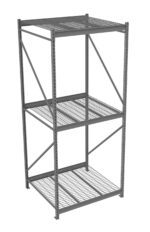 A tall, metal storage rack with two shelves and a top surface. The frame is gray and sturdy, with a grid design for the shelves, suitable for industrial or warehouse use.